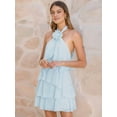 thumbnail image 5 of Womens Backless Halter Neck 3D Floral Applique Layered Ruffled Hem Short Mini Dress Party Wear Light Blue M, 5 of 9