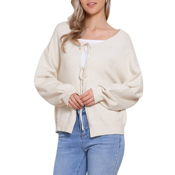INSPIRE CHIC Tie Front Cardigan Sweaters for Women's 2025 Open Front Cute Bow Long Sleeve Fall Trendy Sweater Tops S Beige