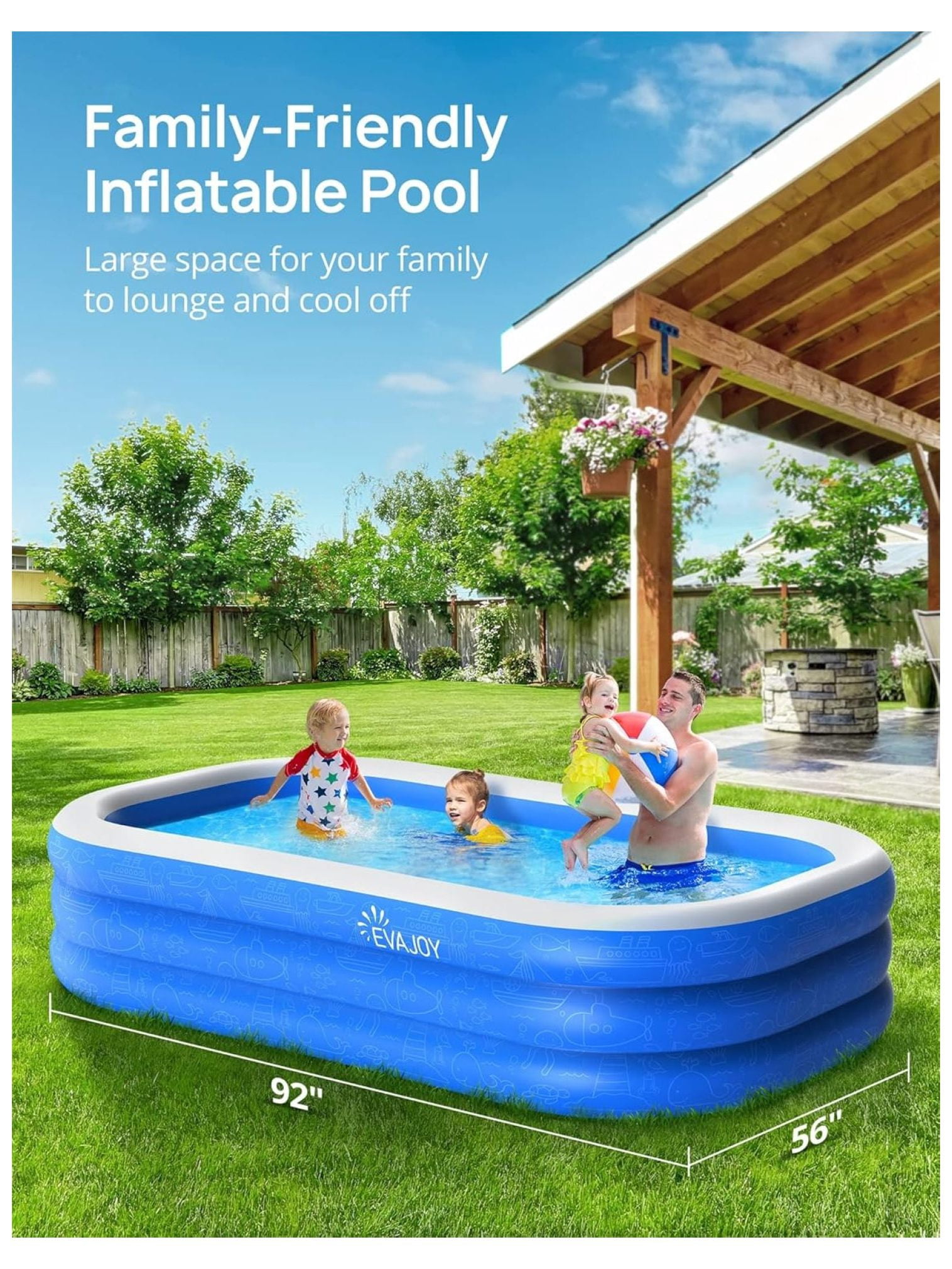 Inflatable Pool, 92''×56''×20'' Inflatable Swimming Pool for Summer Water Party BPA-Free Above Ground Blow Up Kiddie Pool Ball/Sand Pit,Backyard Outdoor Indoor Age 3+
