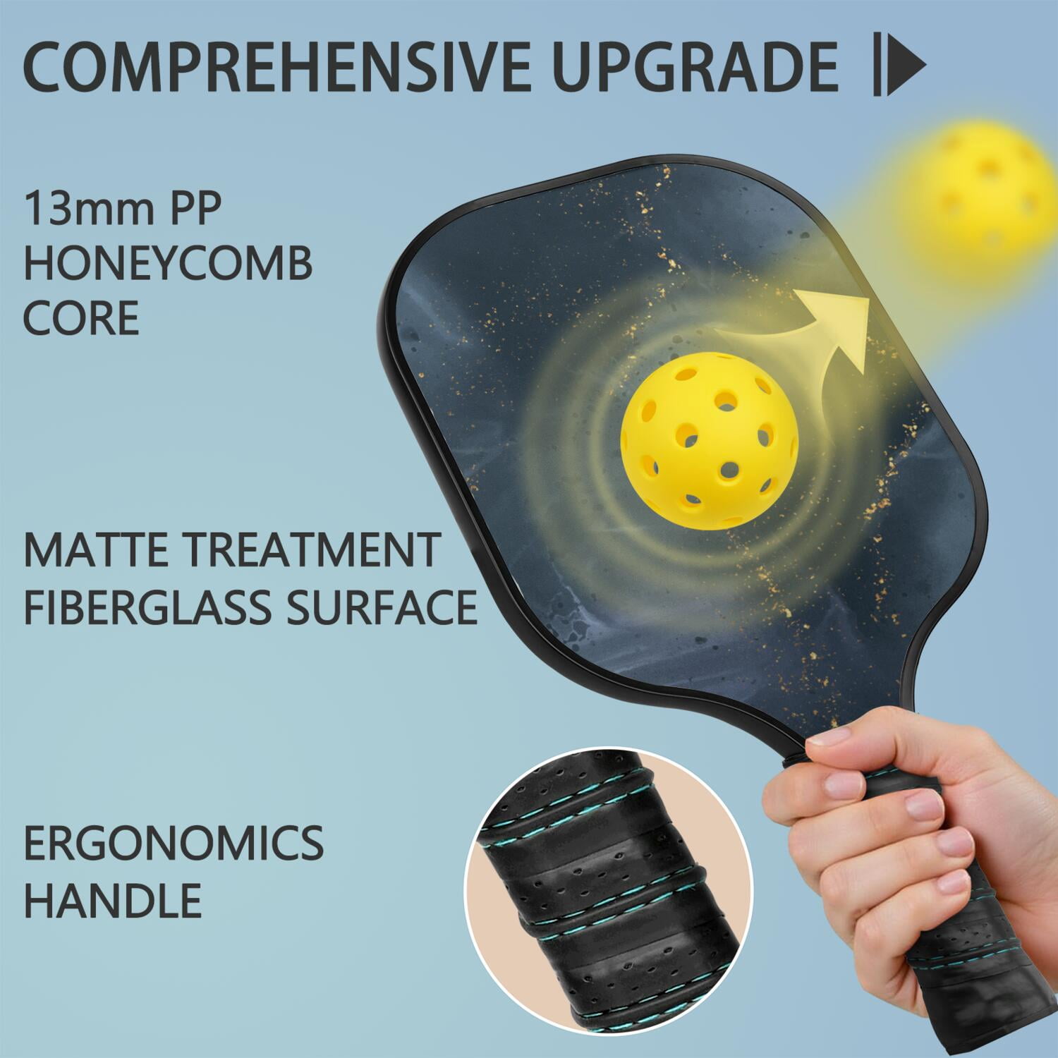 Pickleball Paddles Set Of 1, Fiberglass Surface, Turquoise Marble Pattern, 1 Paddle, 2 Balls & Bag