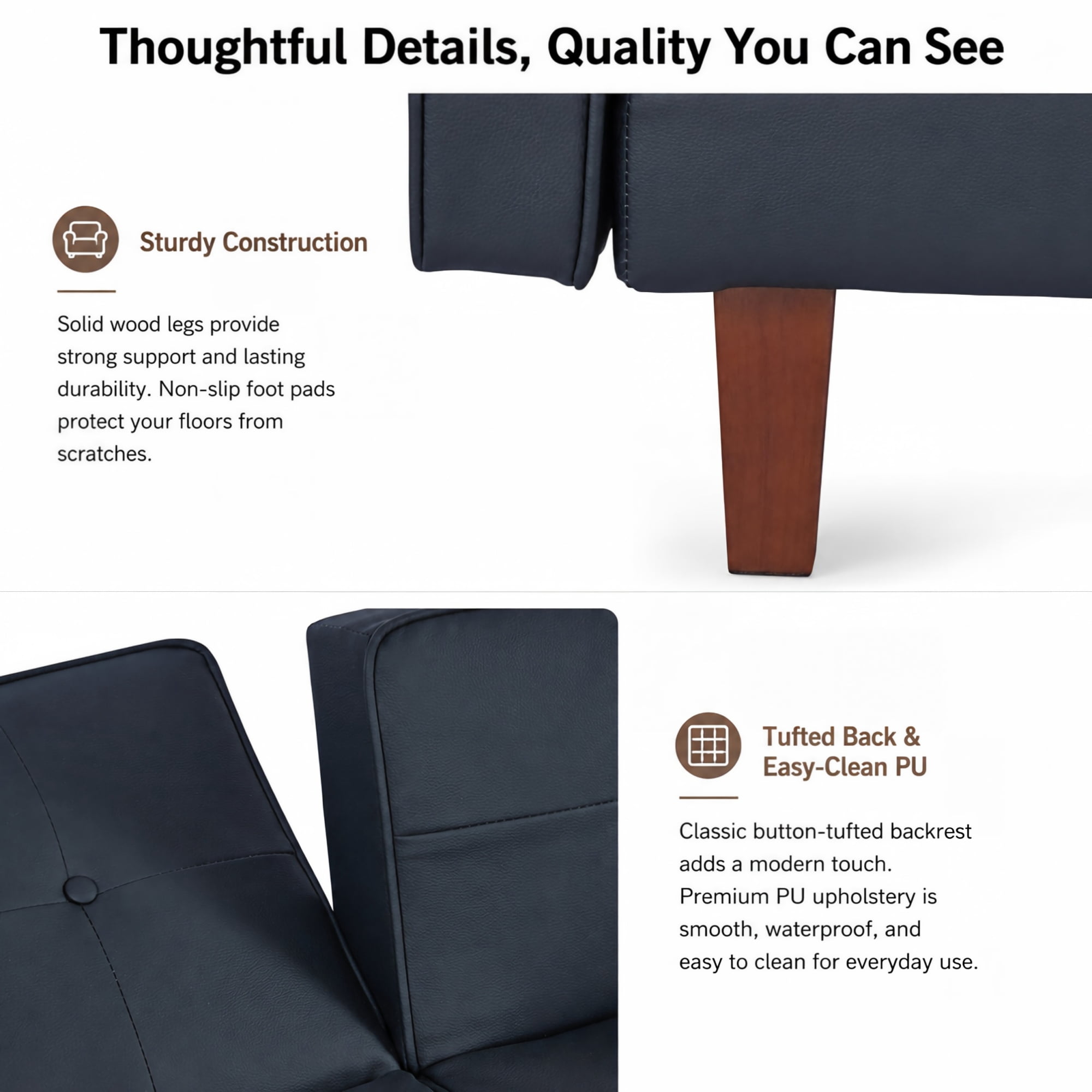 BSHTI 68.11" Futon Convertible Sofa Bed with 3-Position Adjustable Backrest, Button-Tufted Split Back for Living Room/Office（Black Matte）