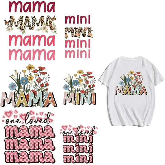 1 Set 6 Sheets Mama Mini Iron on Decals Patches Leopard Heart Flower Iron on Stickers PET Washable Heat Transfer Sticker for DIY T Shirt Jacket Mother's Day Decor 5.9inch 8.6inch(15cm 22cm) long