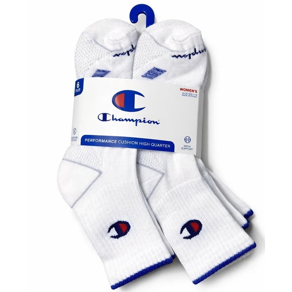 CHAMPION SOCKS MEN'S - HI QUARTER 263 - WHITE BLUE - LARGE (6-12) PACK 6 XX