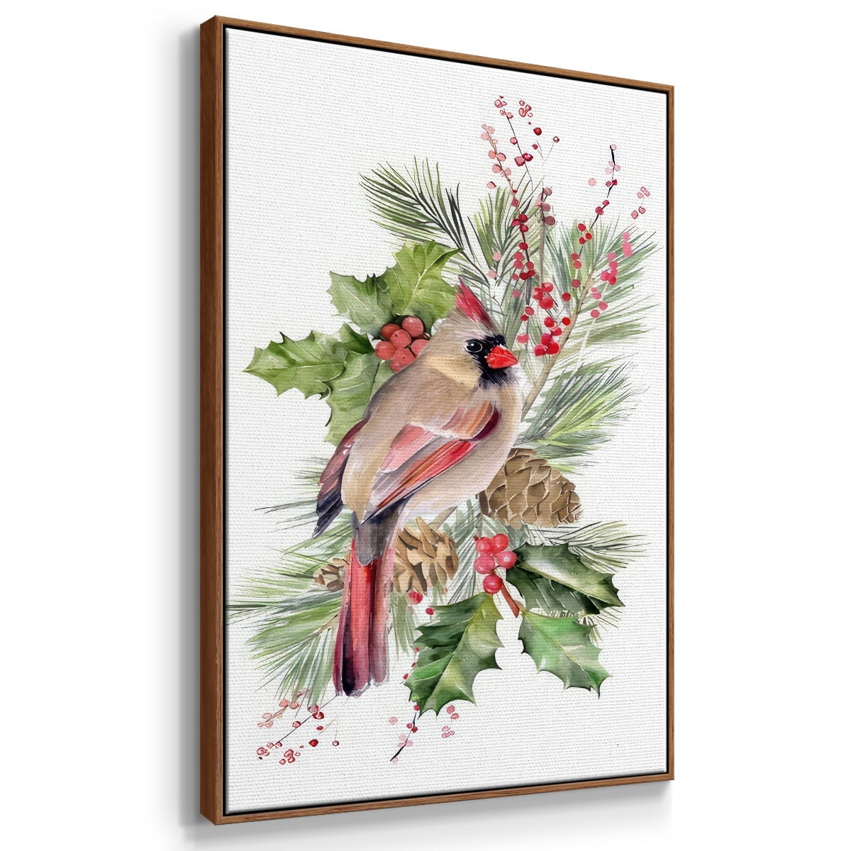 Cardinal Holly Christmas Collection B - Framed Gallery Wrapped Holiday Canvas - 17 x 25 - Rosewood Frame
