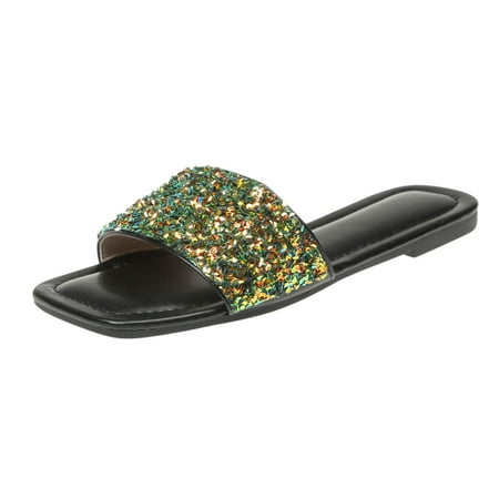 

Rhinestone Slide Sandals Women Girls Dressy Low Wedge Sandal Summer Beach Cute Slip on Slippers Boho Glitter Open Toe Flat Sandals