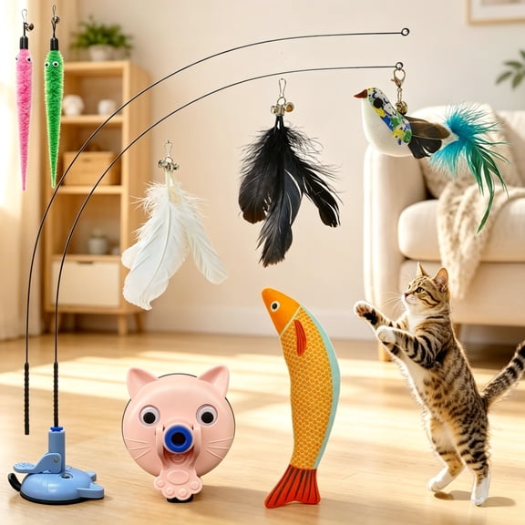 10PCS Interactive Cat Toy with 2 Suction Cups & Wand, 2 Ways to Play Indoor Cat Toys for Bored Cats, Feather Bird Teaser Toy with Flexible Rod, Kitten Exercise Toys with Fish Toy