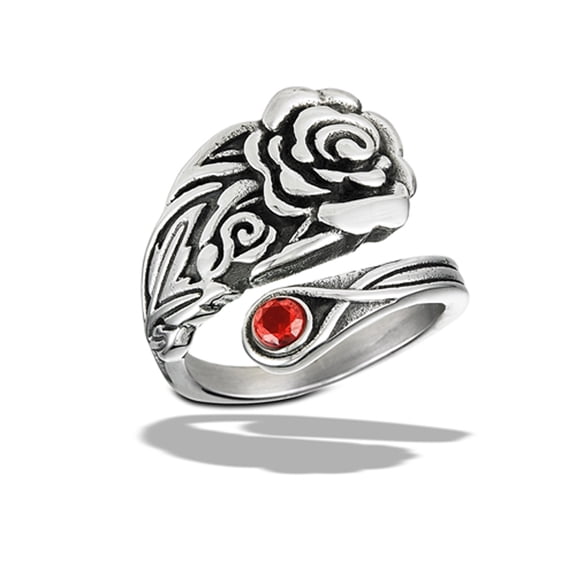 Simulated Garnet Rose Spoon Ring Stainless Steel Band Red Cubic Zirconia Jewelry Female Male Size 10