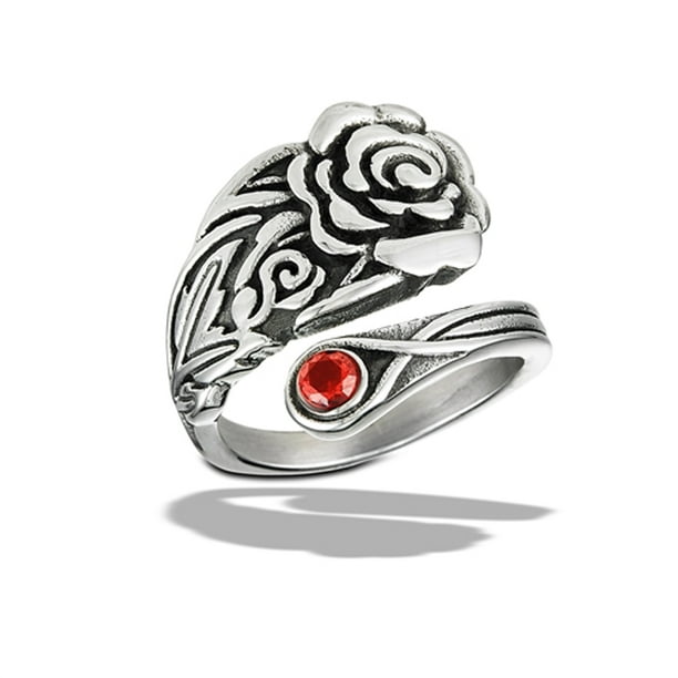 Simulated Garnet Rose Spoon Ring Stainless Steel Band Red Cubic ...