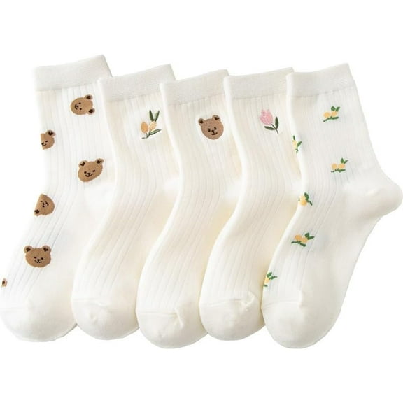 5 Pairs Cute Floral Bear Frilly Socks Y2K Fairycore Flower Crew Cotton Socks Downtown Girl Aesthetic Ankle Dress Socks