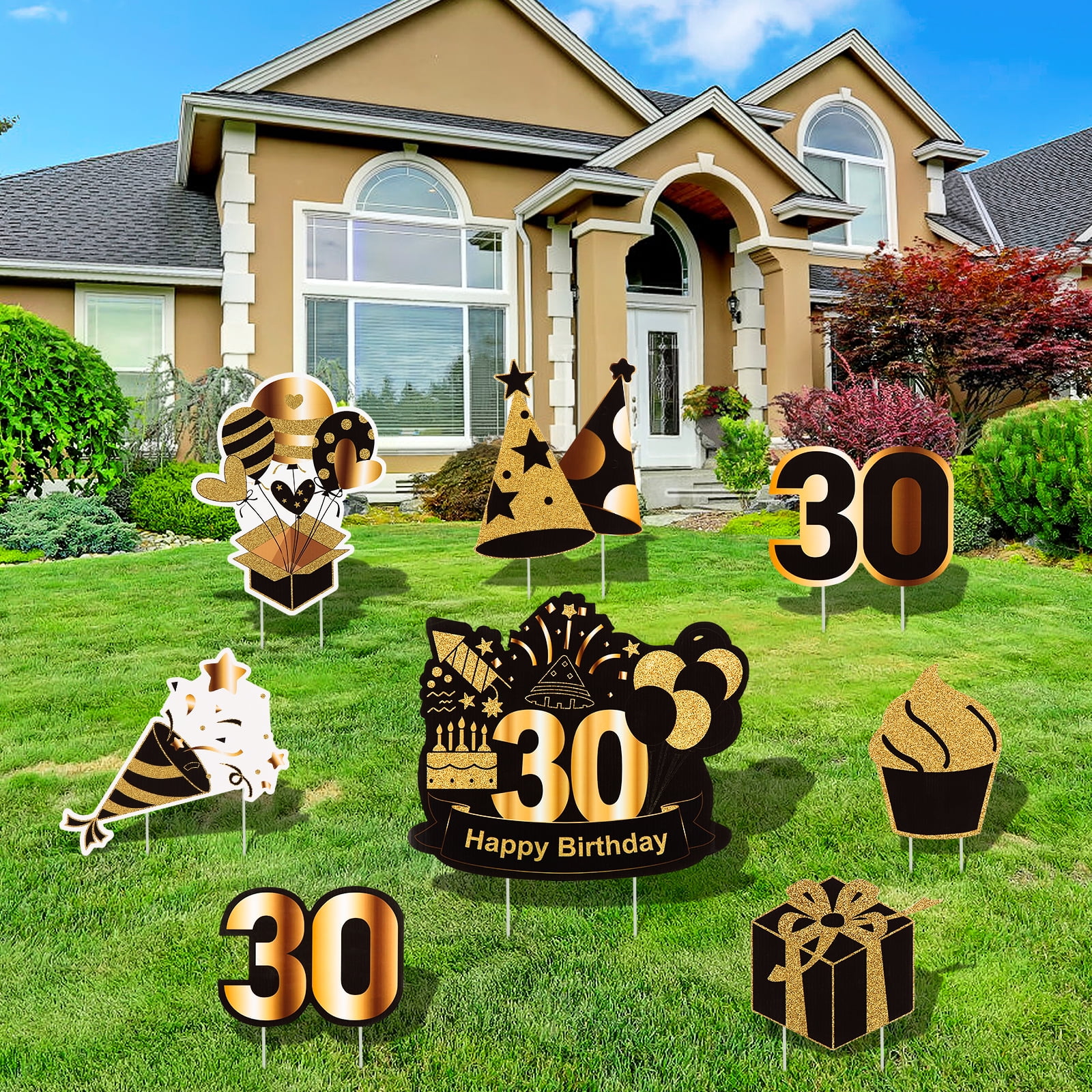 30th Happy Birthday Yard Sign,8 Pieces Black Gold Letters Birthday Decorations with 16 Stakes,Outdoor Lawn Sign for Home Party Decoration Made of Weatherproof and Corrugated Board