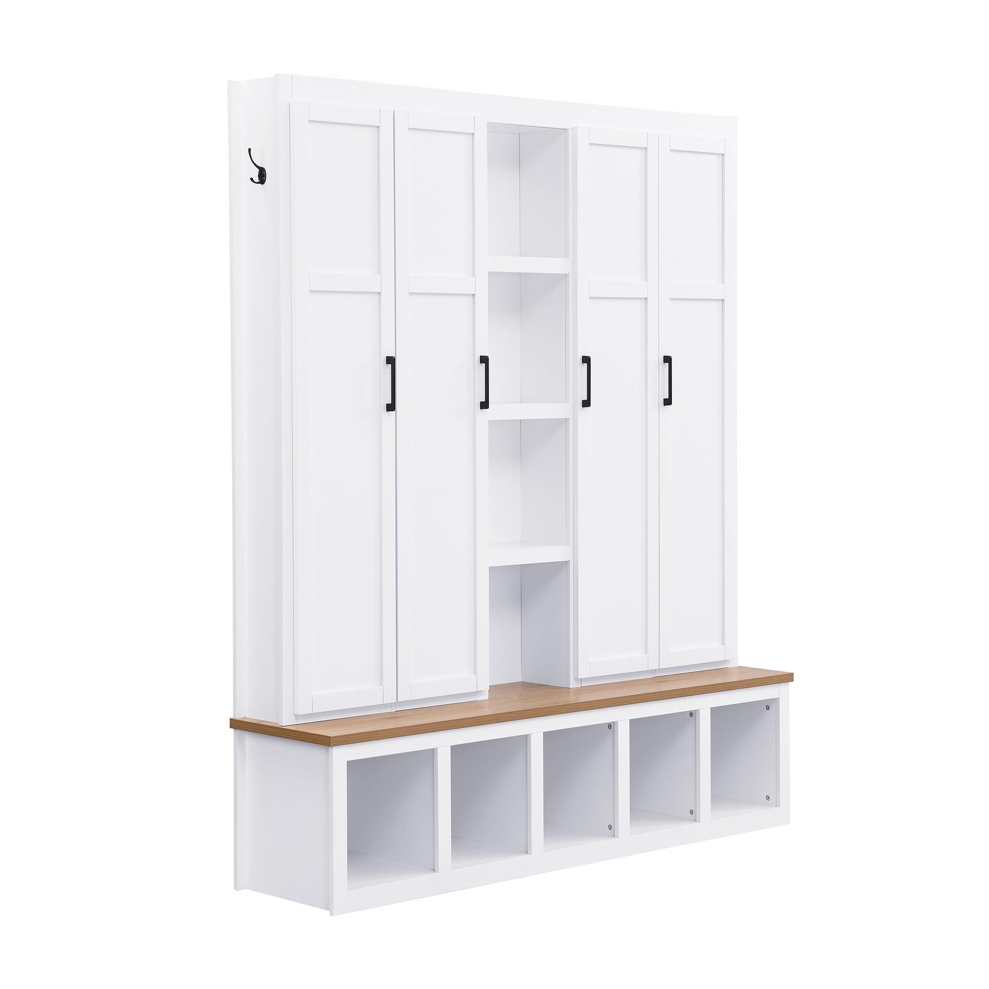Farmhouse 4-in-1 Hall Tree with 6 Hanging Hooks, 62.9''W Mudroom Wood Grain Bench Shoe Organizer with Cubbies, Entryway Coat Rack with Storage Shelves for Hallway, Living Room