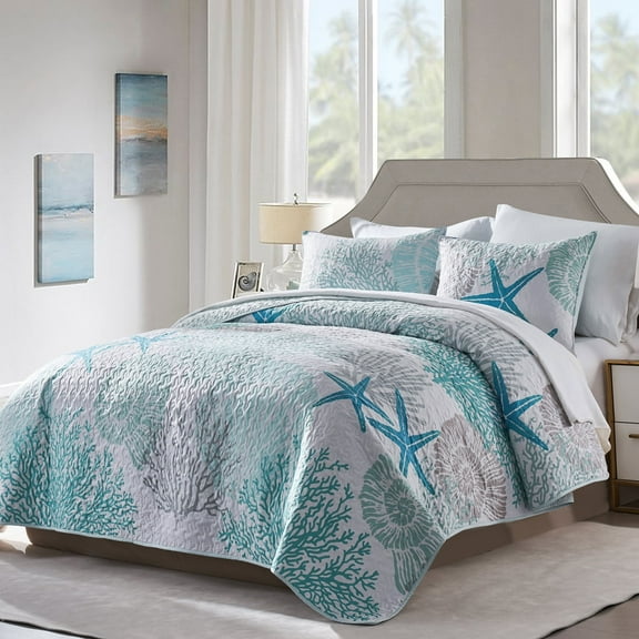 Davulos 3 Piece Coastal Quilt Sets Full/Queen Size,Reversible Microfiber Quilts with 2 Pillow Shams Soft Lightweight Beach Bedding Bedspread 90''x96'' Coverlet Summer Comforter for All Season