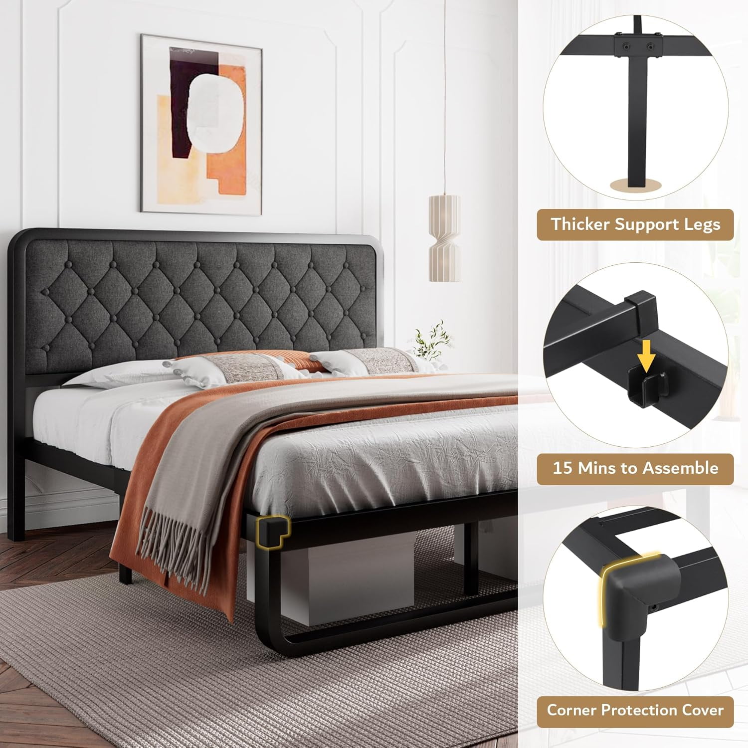 iPormis Full Size Metal Bed Frame with Linen Upholstered Headboard, 12'' Underbed Space, Thickened Metal Steel Slat Support, No Noise Free,Grey