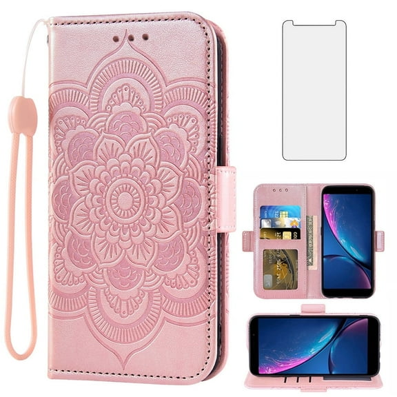 Asuwish Compatible with Hot Pepper Serrano 3 Wallet Phone Case and Tempered Glass Screen Protector Flip Credit Card Holder Stand Mandala Flower Cell Cover for HPP-L55B HPPL55B Women Men Pink