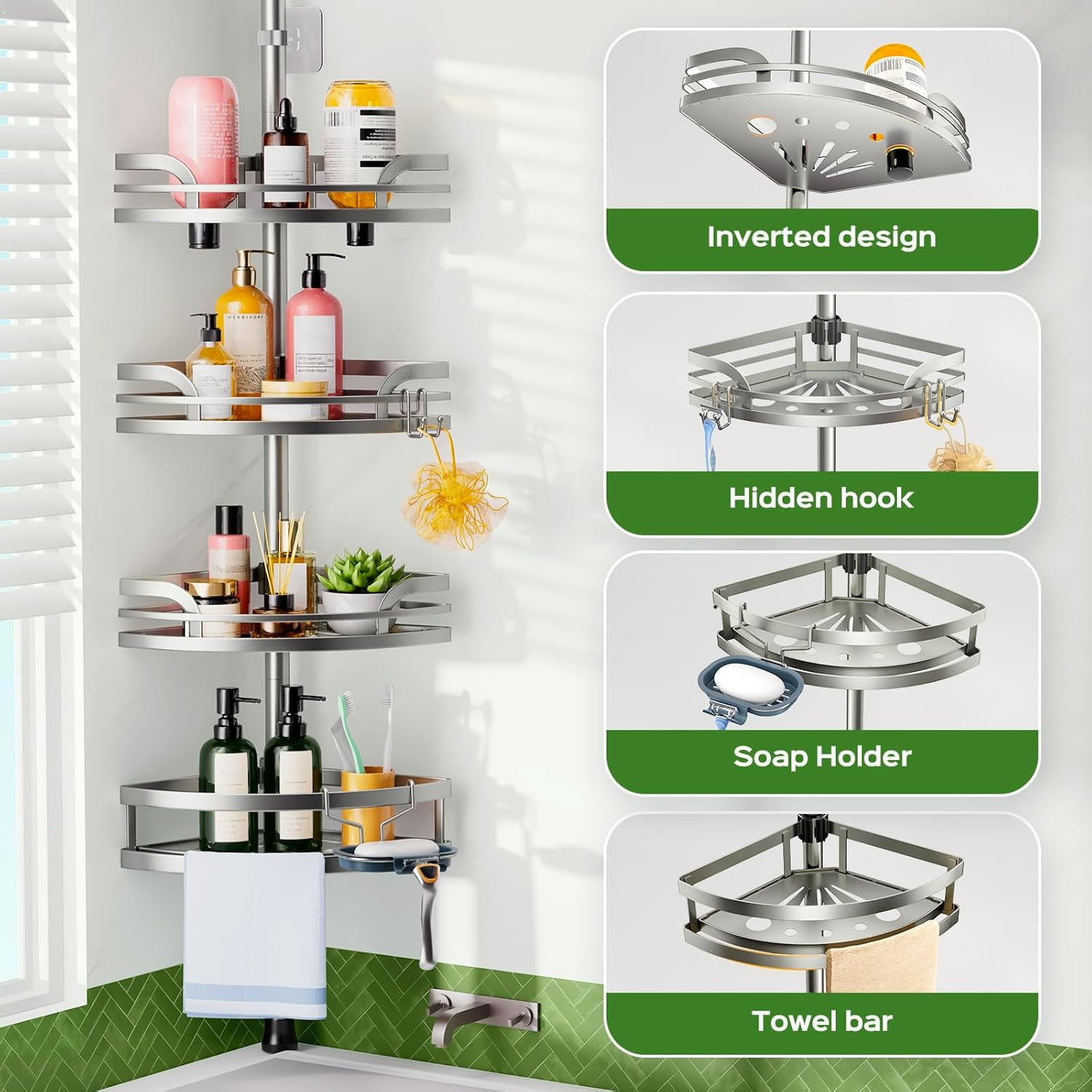 Shower Caddy Tension Pole：4-Tier Rustproof Bathroom Corner Shelf for Renters - 47-121inches Adjustable Bathtub Organizer with Soap Holder-large capacity rack for Shampoo Storage Home Accessory