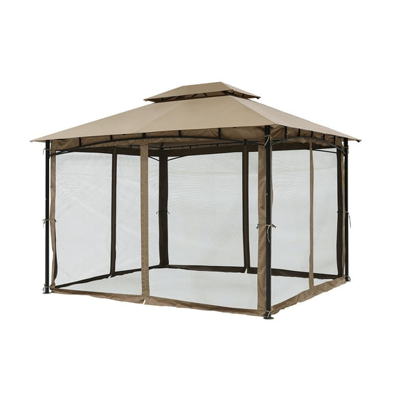 10'x12' Outdoor Gazebo with Mosquito Netting, Double Roof & Steel Frame - Khaki All-Weather Canopy for Patio, Garden, Backyard