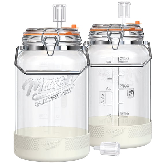 1 Gallon Fermentation Jars with Airlocks, 2 Pcs Wide Mouth Glass Jars with Airtight Lids, Stainless Steel Handle, Non-Slip Silicone Base for Pickle, Mead, Kimchi, Food Storage