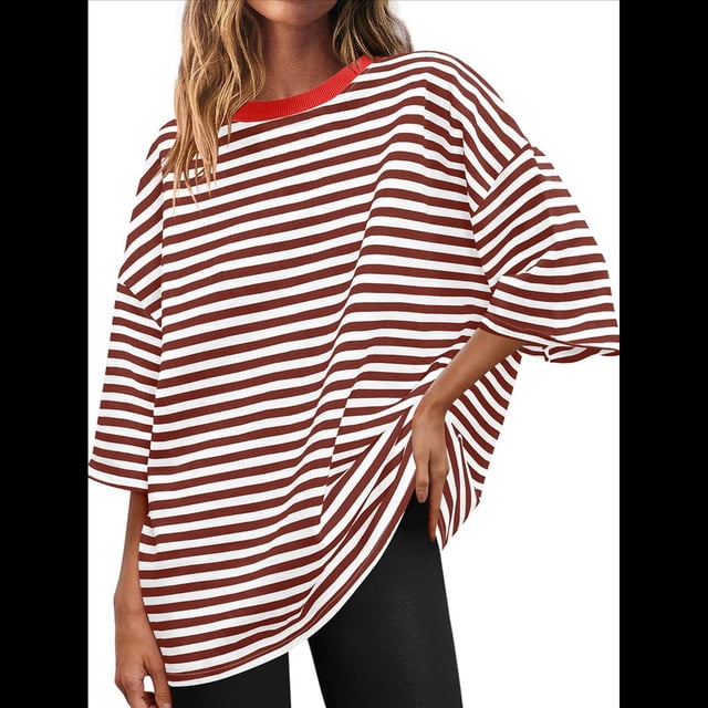 Camisetas de Rayas de Gran Tamaño para Mujer, Blusas Holgadas de Cuello Redondo y Corta, Blusa Informal de Verano Y2K 2025 Color Café L