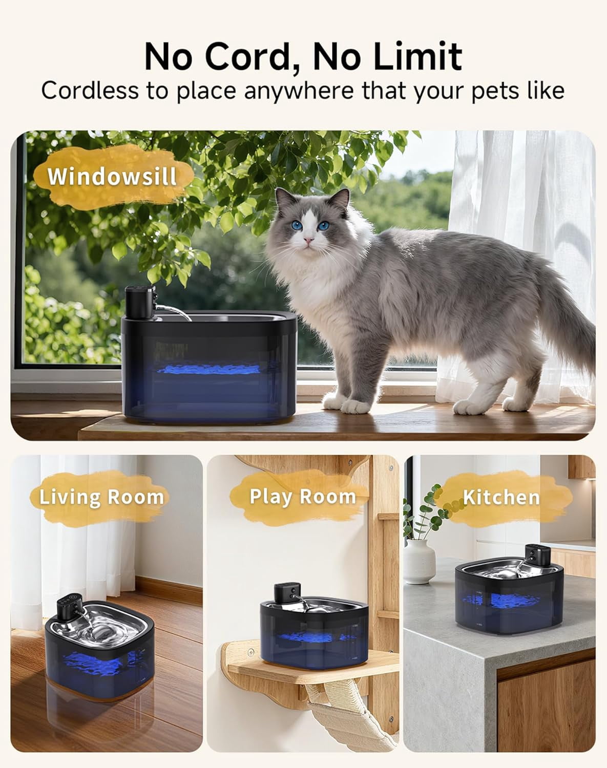 Cordless Battery Operated 118oz/3.5L Pet Water Fountain with Motion Sensor, Stainless Steel Tray, Ultra Quiet and Easy-to-Clean for Cats Indoors