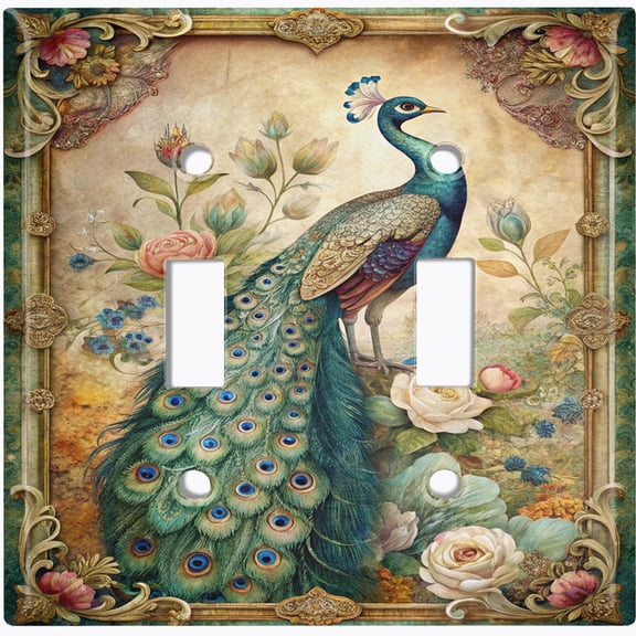Metal Light Switch Wall Plate Outlet Cover (Printed Image of Vintage Peacock Painting - Double Toggle)