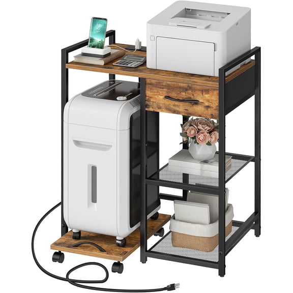 Printer Stand with Charging Station, Printer Shredder Stand with Fabric Drawer, Table for Fax Machine, Printer Storage Office Organizer, for Home Office, Rustic Brown and Black BF72UPS01