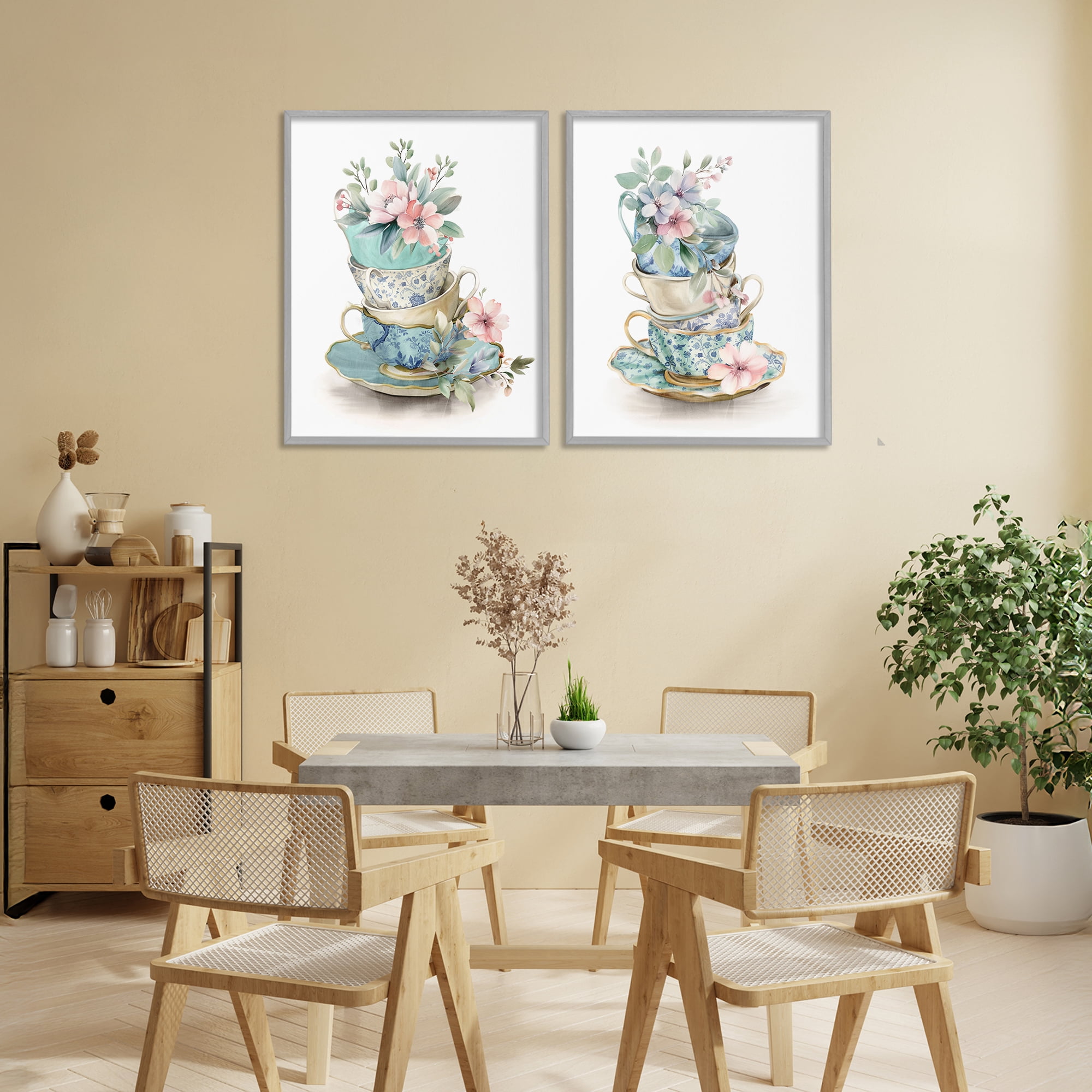 Stupell Industries Stacked Teacup Chinoiserie 2 Piece Gray Framed Giclee Art Set, design by Kim Allen