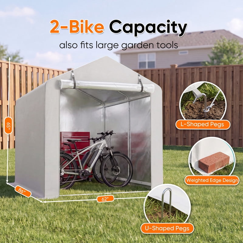 Vineego 6x8 Ft Outdoor Bike Storage Shelter, Waterproof UV Resistant Garage Tent with Zipper Roll-Up Door, Galvanized Rustproof Frame, White