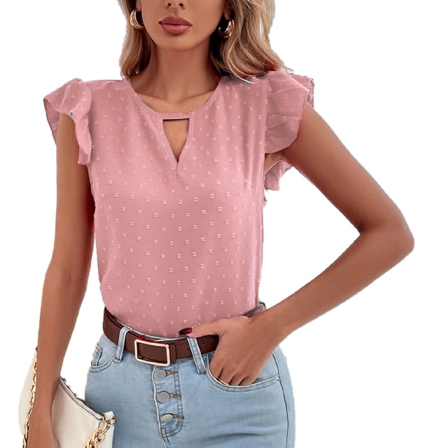 Camisas de manga corta con volantes para mujer, blusas holgadas de punto a la moda de verano, blusas de manga corta con recortes para mujer, Tops para trabajo diario, viajes, rosa S
