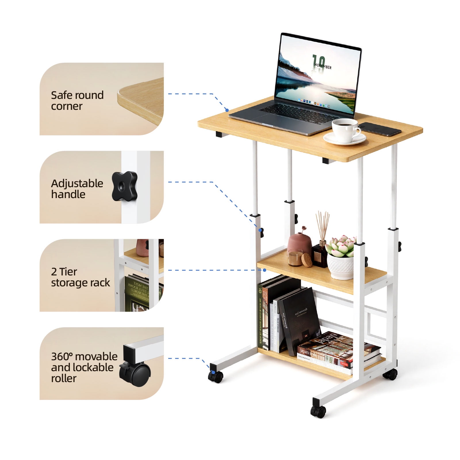 Furnibear Portable Rolling Desk on Wheels, Height Adjustable Desk with 2 Tier Storage Shelves, Standing Table for Office, Natural Color