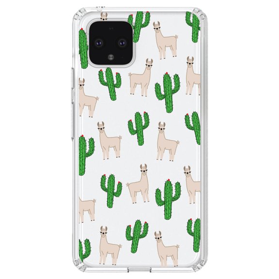 DistinctInk Clear Shockproof Hybrid Case for Google Pixel 4 (5.7" Screen) - TPU Bumper, Acrylic Back, Tempered Glass Screen Protector - Llamas and Cacti Cactus