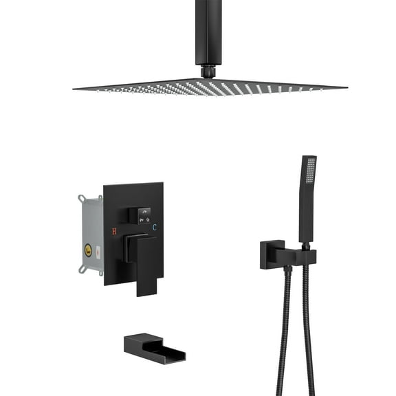 Logmey 12 inch Dual Shower Head Set with Bathroom Faucet Ceiling Mount Matte Black