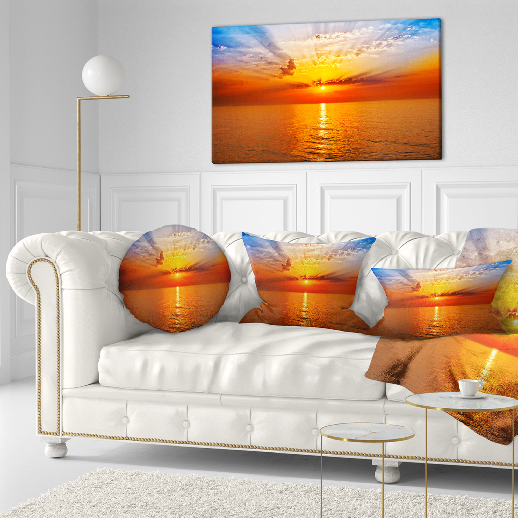 Designart Orange Sea Sunrise under Blue Sky - Seashore Throw Pillow - 12x20