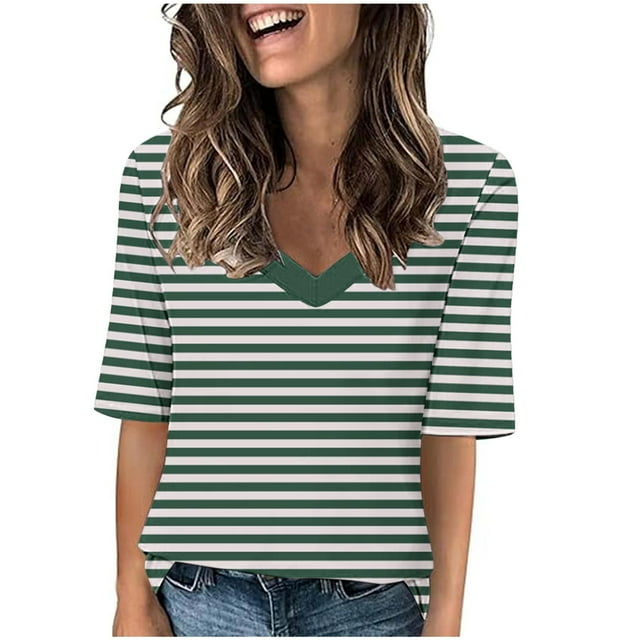 Penkiiy T-Shirts à Manches Courtes à Blocs de Couleur Rayés pour Femmes, Col Rond, Décontractés, Amples, Chandails à Enfiler, Hauts d'Été, Tee-Shirt 2TG Vert