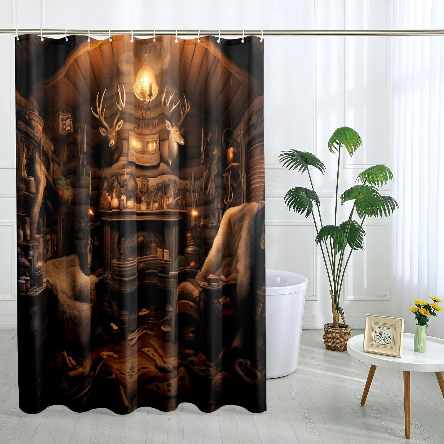 Hunting Cabin Shower Curtain Rustic Wooden Lodge Shower Curtains Vintage Country Farmhouse Themed Bathroom Decor Polyester Fabric-72" x 72"