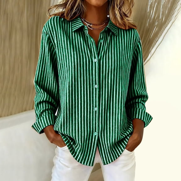 MVRLSH Long Sleeve Shirts For Women Long Sleeve Striped Printed Button Down Retro Loose Fit Casual Fashion Daily Tops Green S-5Xl