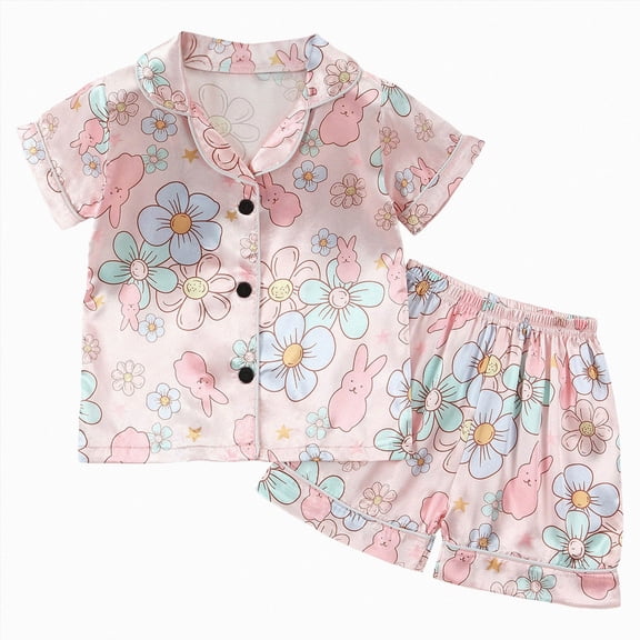felwors Toddler Girls Floral Silk Pajamas Short Sleeve Button-Up Top Shorts Summer 2PC Flowers Satin Pajamas Set(Light Pink,18-24 Months)
