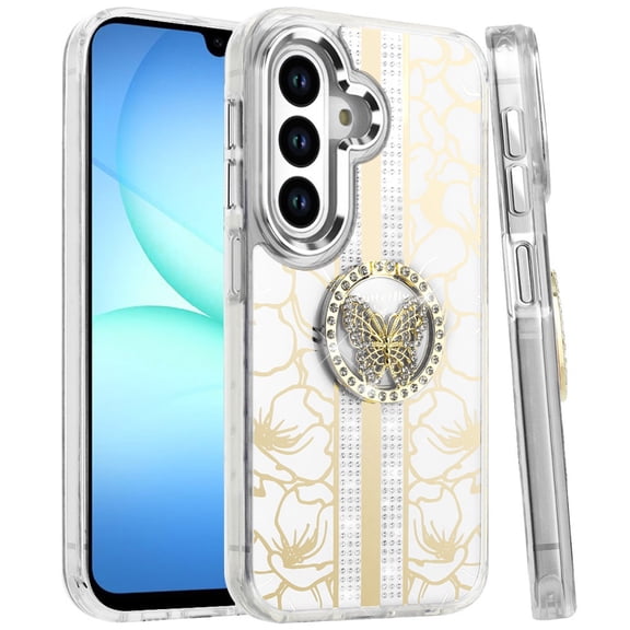 XPM for Samsung Galaxy A17 5G Phone Case, Diamonds 3D Butterfly Floral Design Bling Sparkly Glitter Hybrid Metal Fashion with Ring Stand Cover for Galaxy A17 (White)