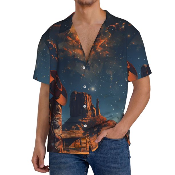 Fotbe Cowboy Boots Under Starry Sky Camisa Estampada de Manga Corta para Hombre, Casual de Verano, Estilo Playero, Sin Arrugas-Medium