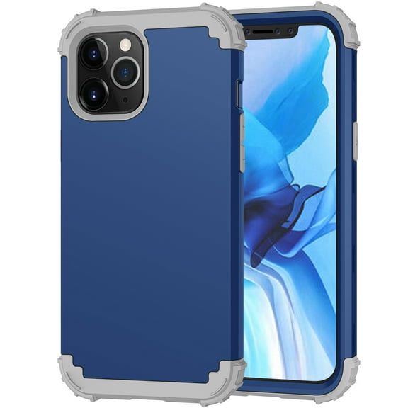 iPhone 12 /iPhone 12 Pro 6.1" Case with Screen Protector,Allytech 3 In 1 Hybrid PC Silicone Heavy Duty Rugged Bumper Defender Armor Shockproof Anti-Scratch Back Cover for Apple iPhone 12 6.1",Darkblue
