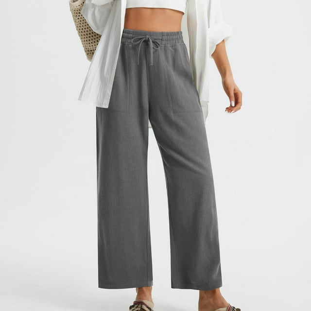 Soki Women's Cotton Linen Drawstring Pants Wide Leg Beach Trousers with Pockets, Slit Hem