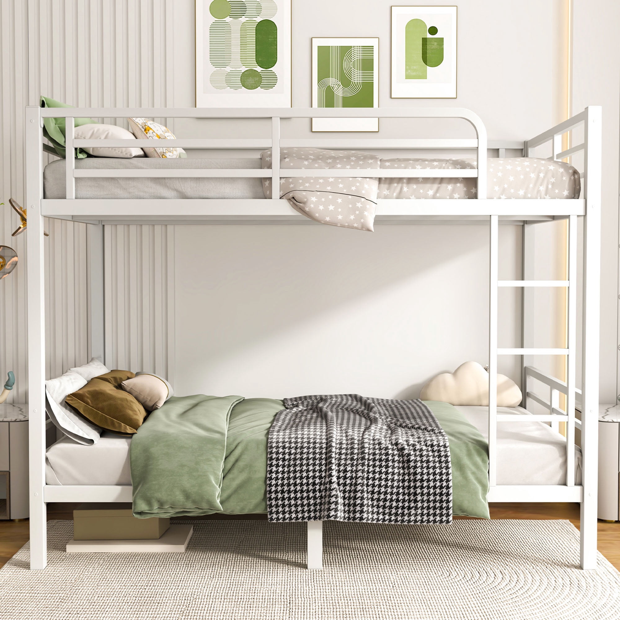 Miniyam Twin Over Twin Metal Bunk Bed Frame, Noise Free, Space Saving, White
