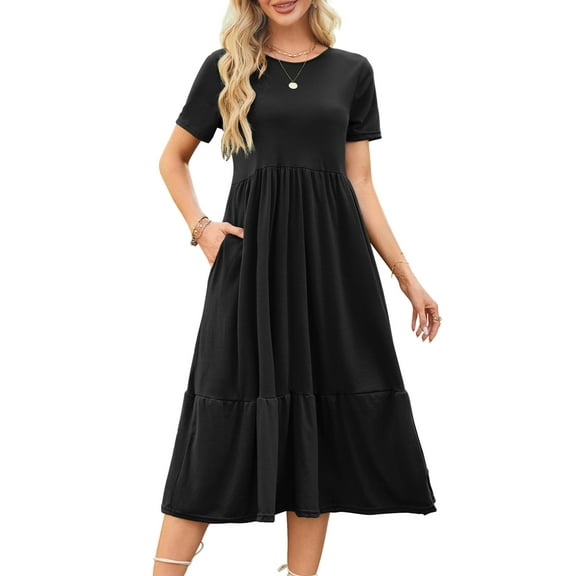 Fancyglim Women's Short Sleeve Dress Summer Crew Neck Long Dresses Black XL