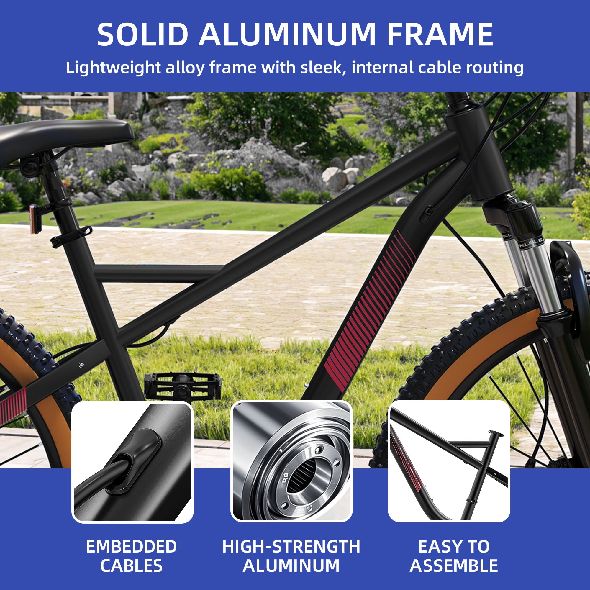 ModFusion 26-Inch Aluminum Alloy Mountain Bike, 21-Speed, Disc Brakes, Black with Brown Tires, 85% Assembled