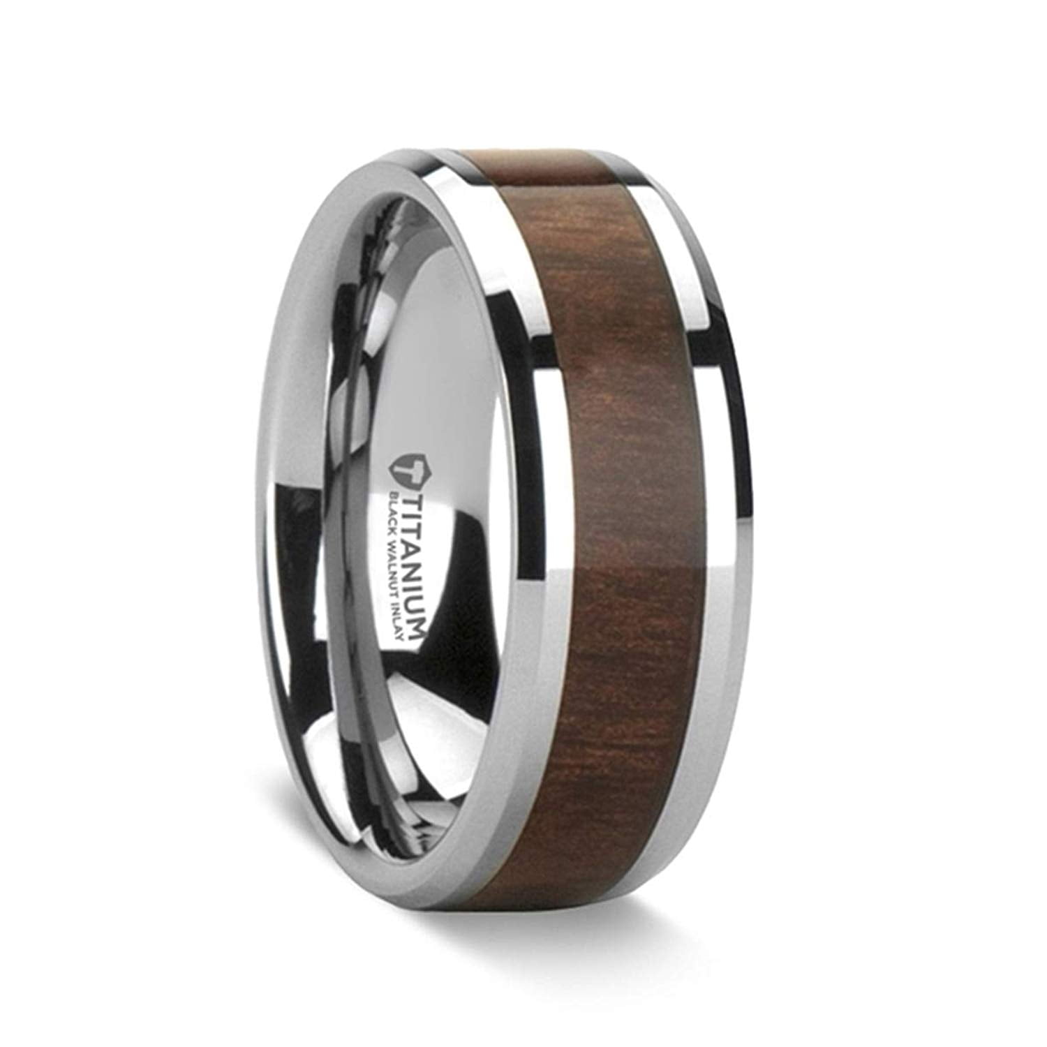 Black Titanium Polished Beveled Edges Black Walnut Wood Inlaid Men/’s Wedding Ring Titanium Rings for Men Lightweight Titanium 8 mm Comfort Fit Thorsten Kony