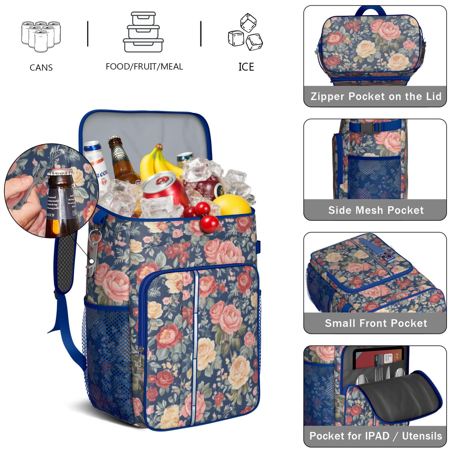 Travel Cooler Bag - Pioneer Flower Camping Beer Cooler Backpack with Bottle Opener- Waterproof Insulated Picnic Backpacks - Cooler Bag for Beach
