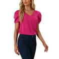 thumbnail image 4 of INSPIRE CHIC Women's Satin Blouse V Neck Short Puff Sleeve Casual Tops L Hot Pink, 4 of 6