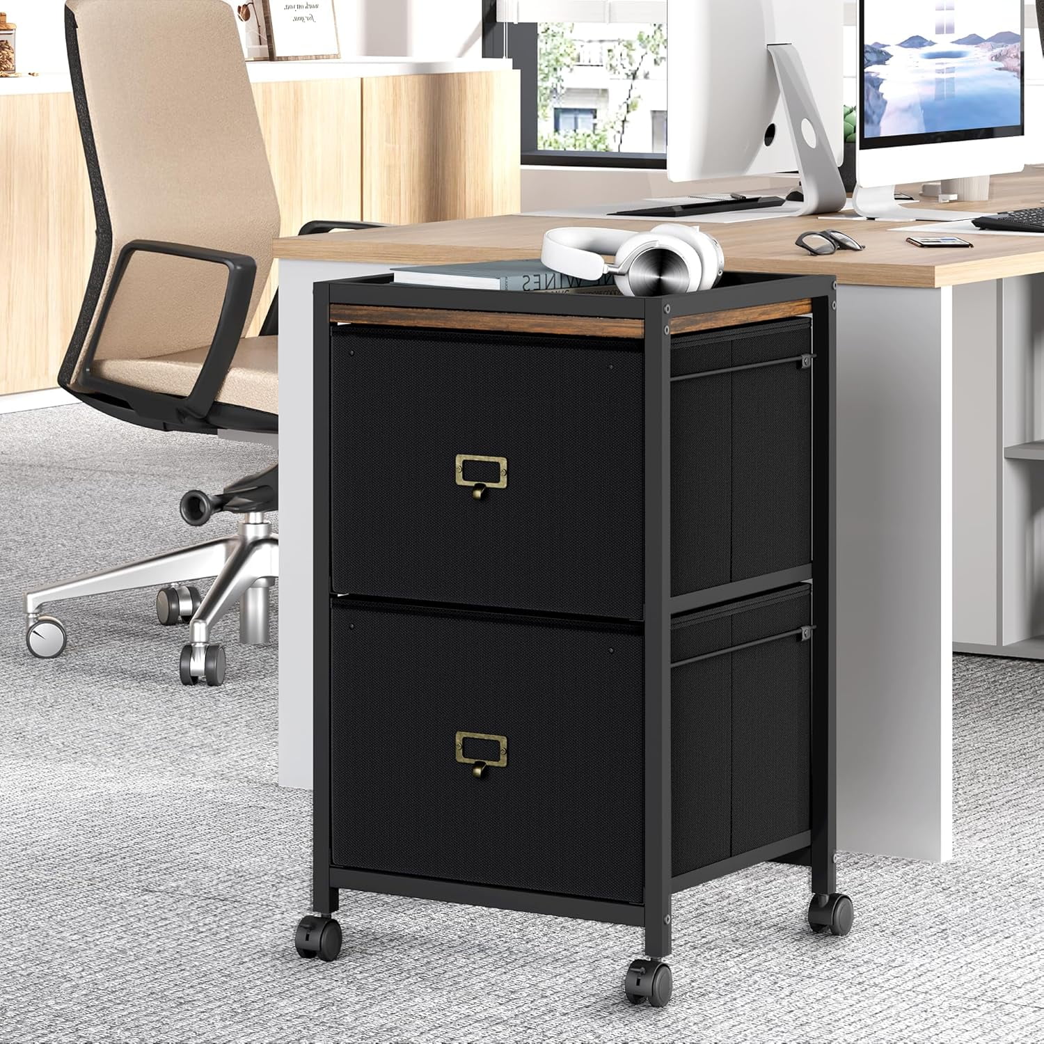 Mobile File Cabinet with Drawers & Wheels, Fabric Vertical File Cabinet with Open Storage Shelves