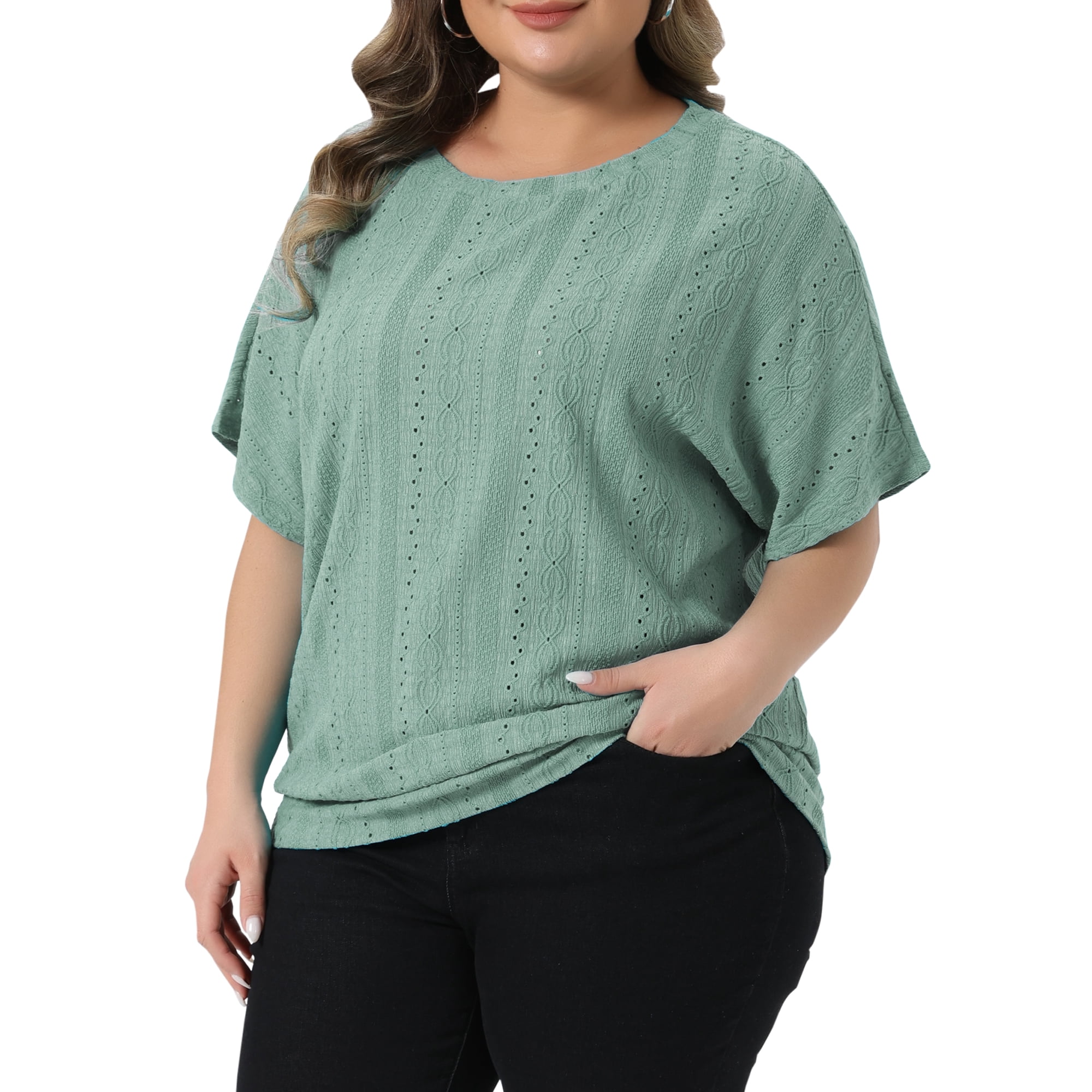 DARING DIVA Women's Plus Crew Neck Hollow Short Sleeve T Shirt 1X Green
