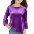 thumbnail image 4 of OGLCCG Velvet Tops for Girls 3/4 Length Sleeve Round Neck Dressy Velour Tops Solid Color Trendy Casual Elegant Holiday Party Tunic Blouses 3-14 Years, 4 of 4