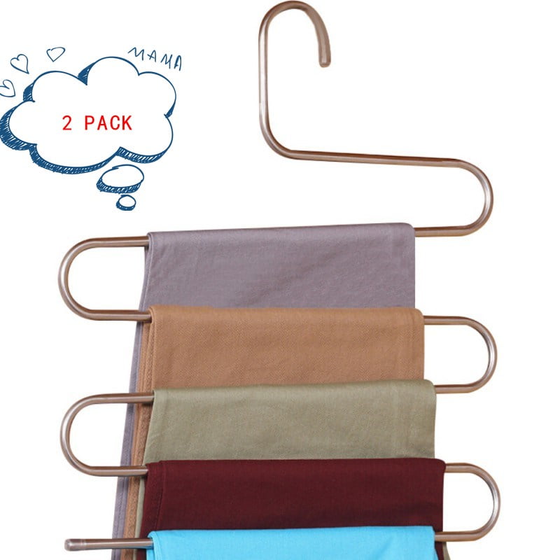 2-Pack Multi-Purpose 5-Layers Stainless Steel Clothes Hangers Storage Pant Rack Closet Space Saver for Trousers Pants Jeans Towels Scarf Tie